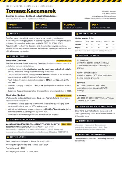 Electrician CV Sample Hamburg, Germany | Europass Resume Template – ATS-friendly European resume template