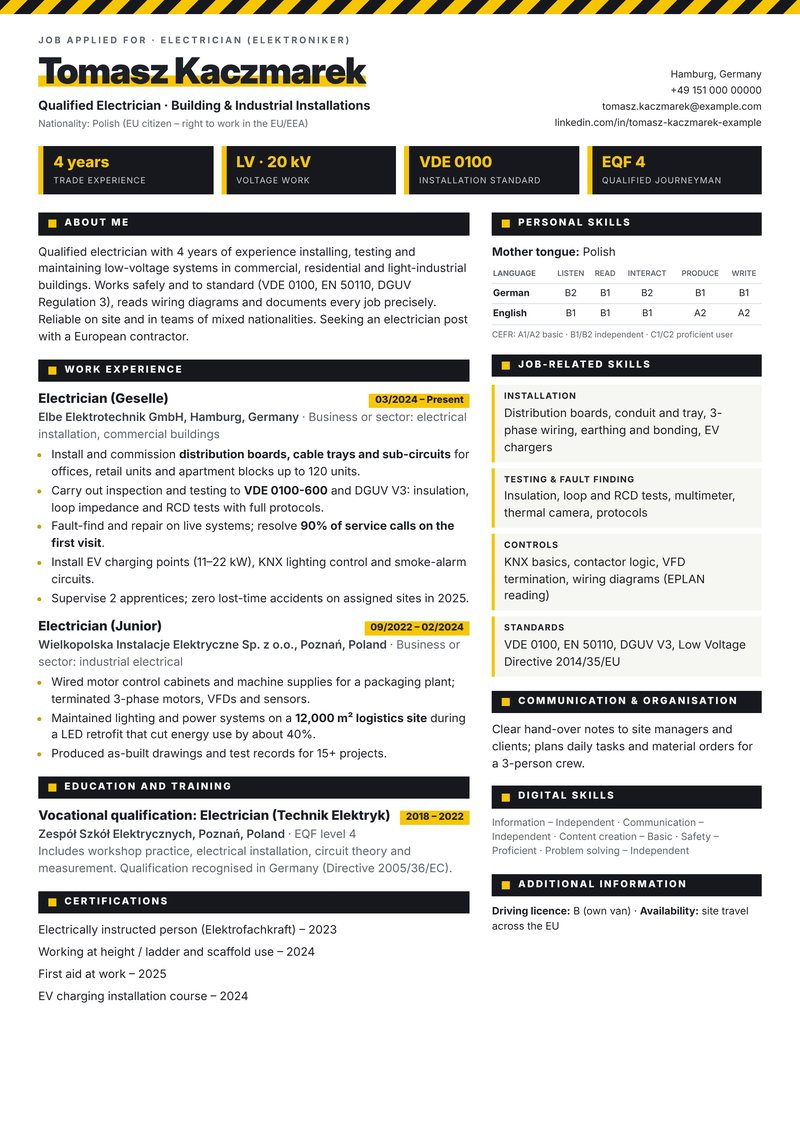 Europass-style ATS-friendly CV sample for a electrician with 3–4 years of experience in Hamburg, Germany – black and safety-yellow with hazard stripes and spec tiles
