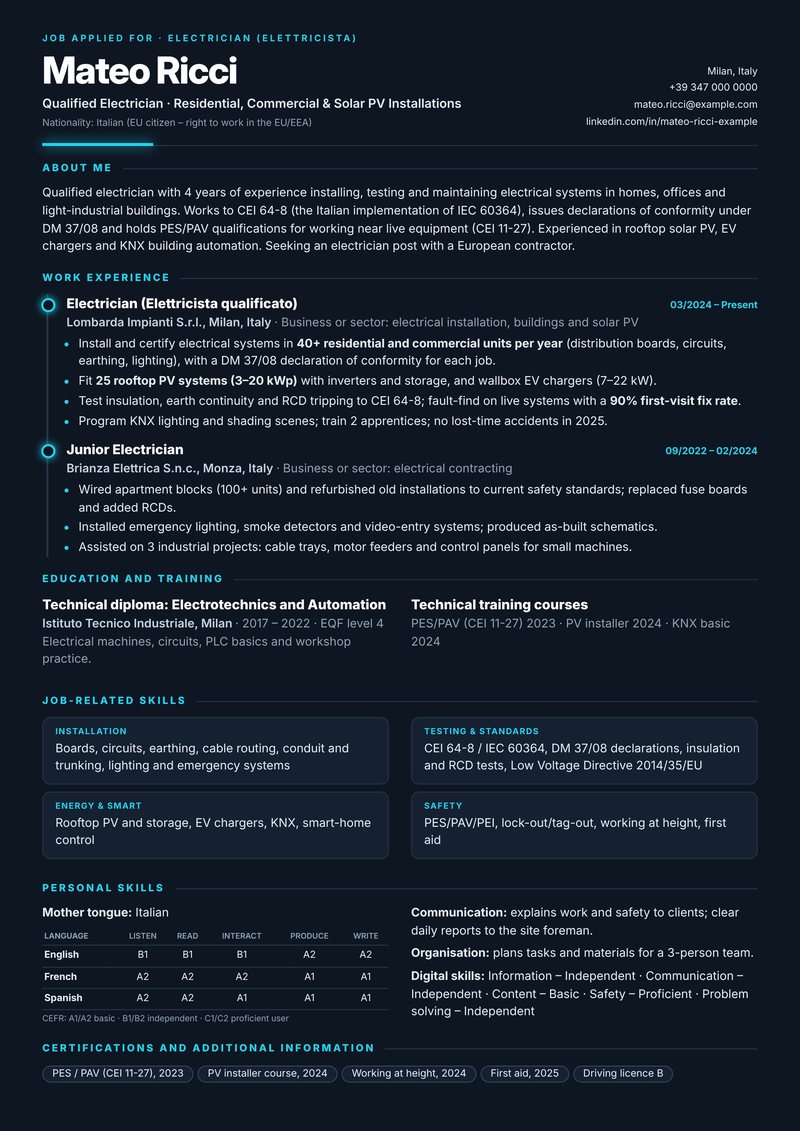 Europass-style ATS-friendly CV sample for a electrician with 3–4 years of experience in Milan, Italy – dark navy theme with cyan accents and a glowing timeline