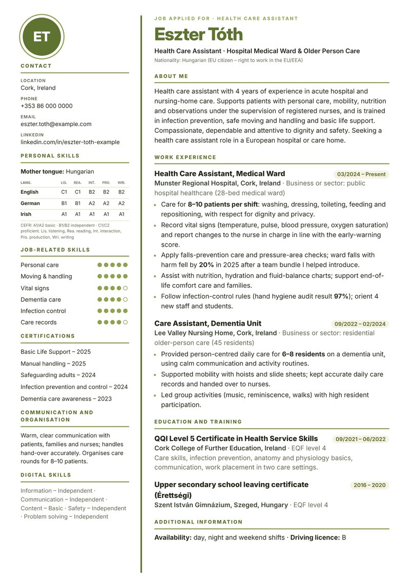 Europass-style ATS-friendly CV sample for a health care assistant with 3–4 years of experience in Cork, Ireland – olive-green open left rail with skill dot ratings