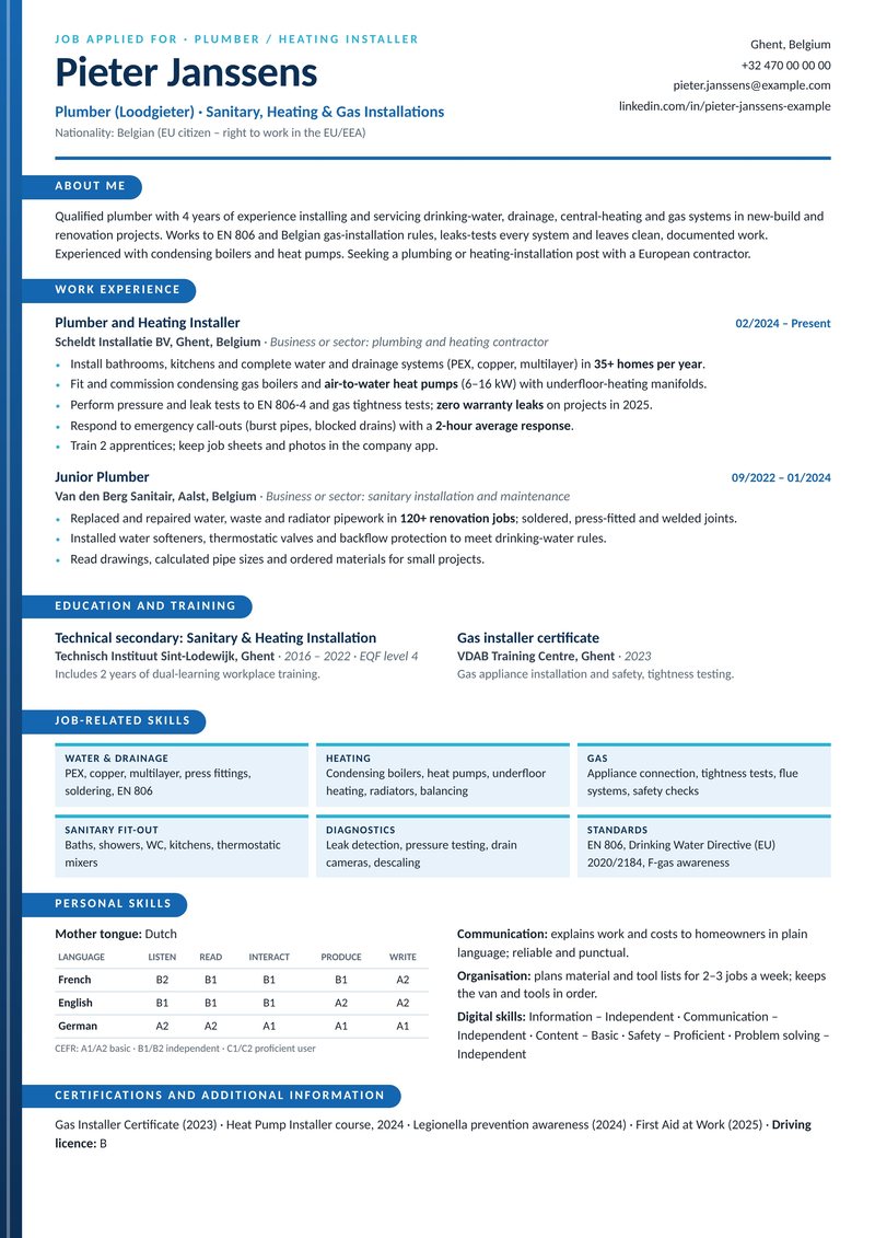Europass-style ATS-friendly CV sample for a plumber and heating installer with 3–4 years of experience in Ghent, Belgium – blue pipe-strip layout with tab-style section labels