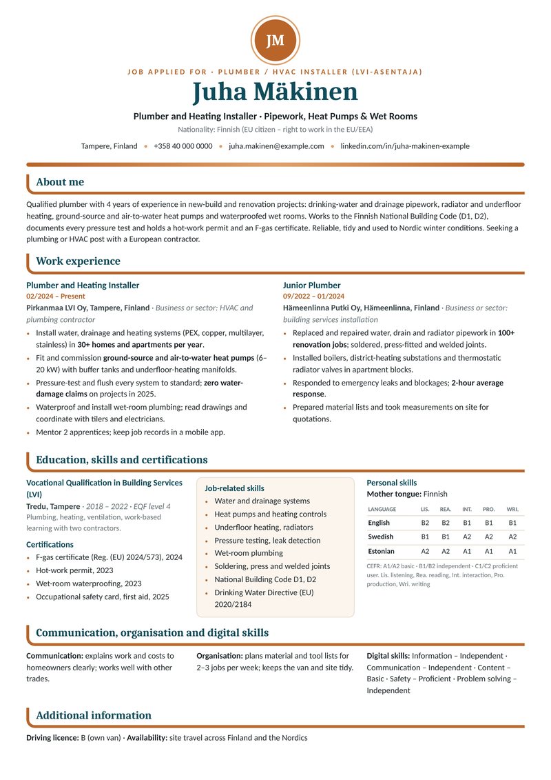 Europass-style ATS-friendly CV sample for a plumber and hvac installer with 3–4 years of experience in Tampere, Finland – copper and teal with a monogram badge and pipe-elbow headings