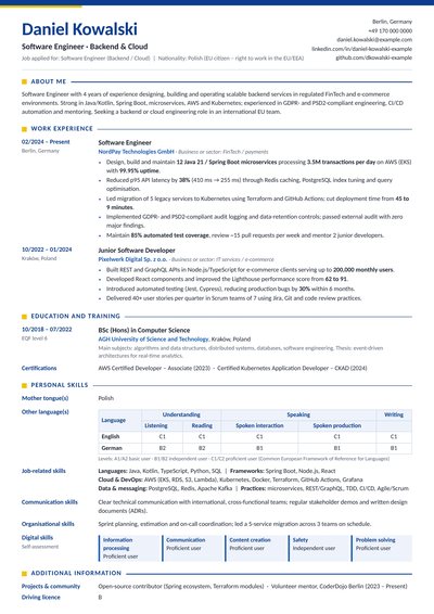 Software Engineer CV Sample Berlin, Germany | Europass Resume Template – ATS-friendly European resume template