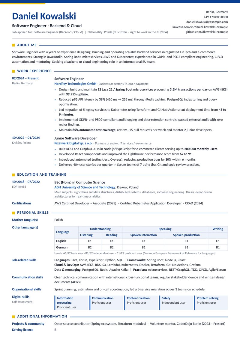 Europass-style ATS-friendly CV sample for a software engineer with 3–4 years of experience in Berlin, Germany – classic europass blue with a date column and a digital-skills strip