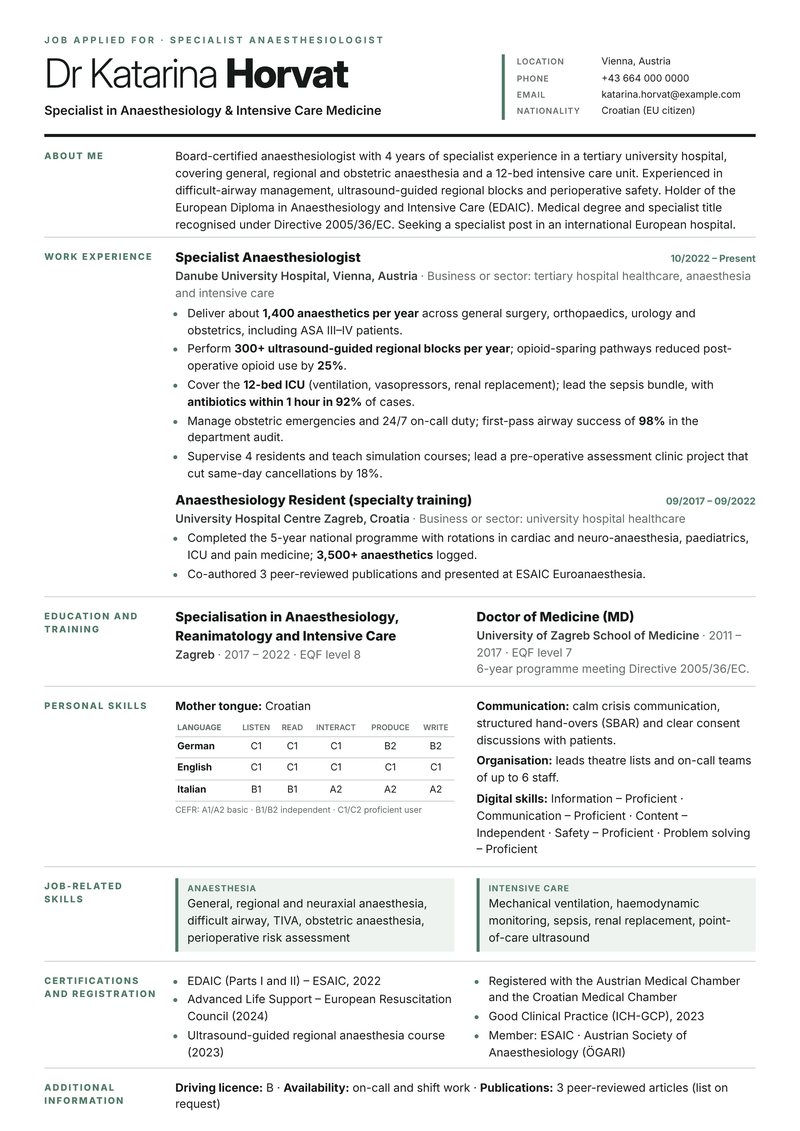 Europass-style ATS-friendly CV sample for a specialist anaesthesiologist with 3–4 years of experience in Vienna, Austria – editorial grid with a sage-green accent and left-hand section labels