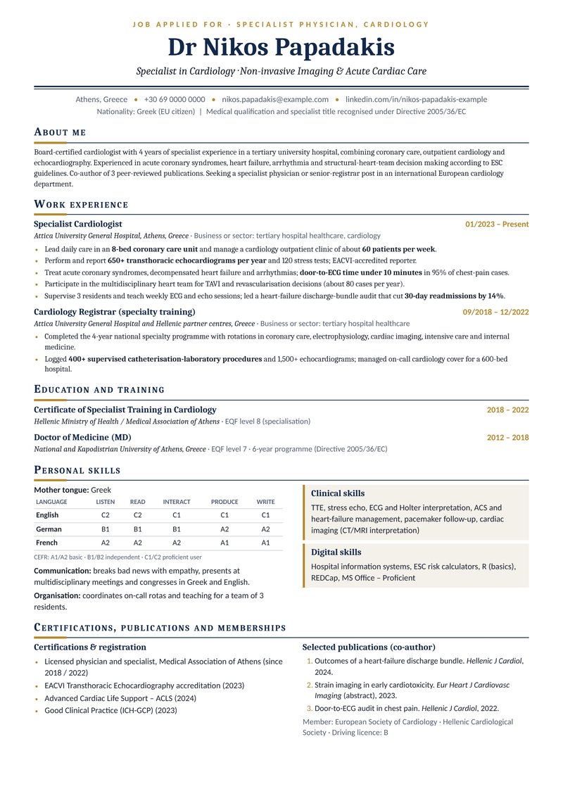 Europass-style ATS-friendly CV sample for a specialist cardiologist with 3–4 years of experience in Athens, Greece – navy and gold academic layout with a publications list