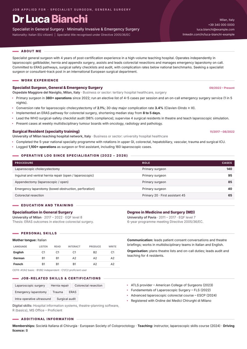 Europass-style ATS-friendly CV sample for a specialist general surgeon with 3–4 years of experience in Milan, Italy – plum diagonal header with an operative-log table