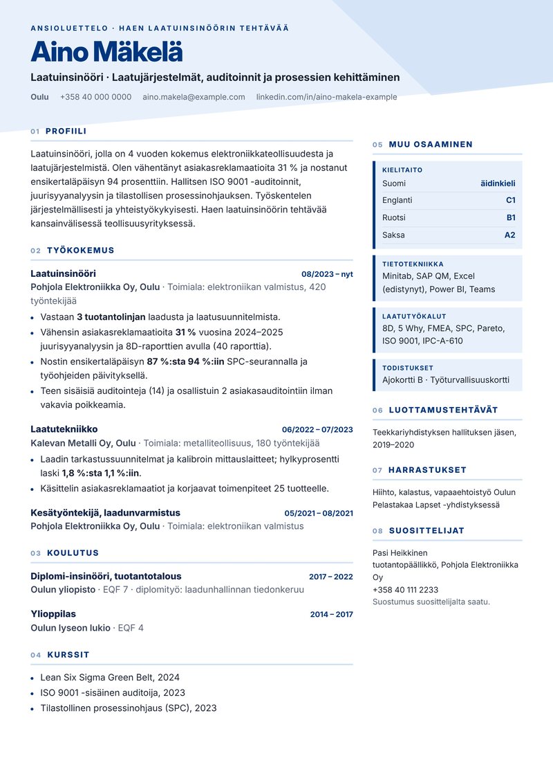 Finnish CV format sample (ansioluettelo) for a quality engineer in Oulu – ATS-friendly CV with ice-blue header