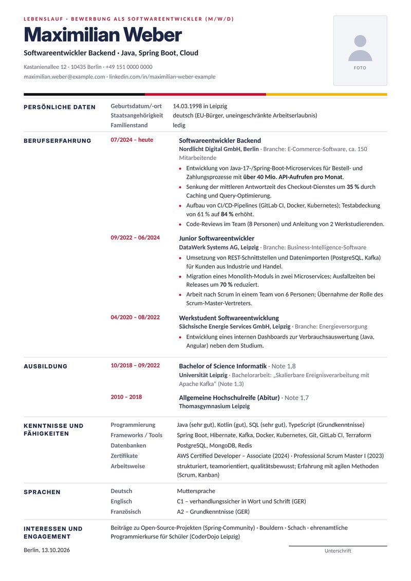 German CV format sample (Lebenslauf) for a software developer in Berlin – ATS-friendly table layout with photo frame