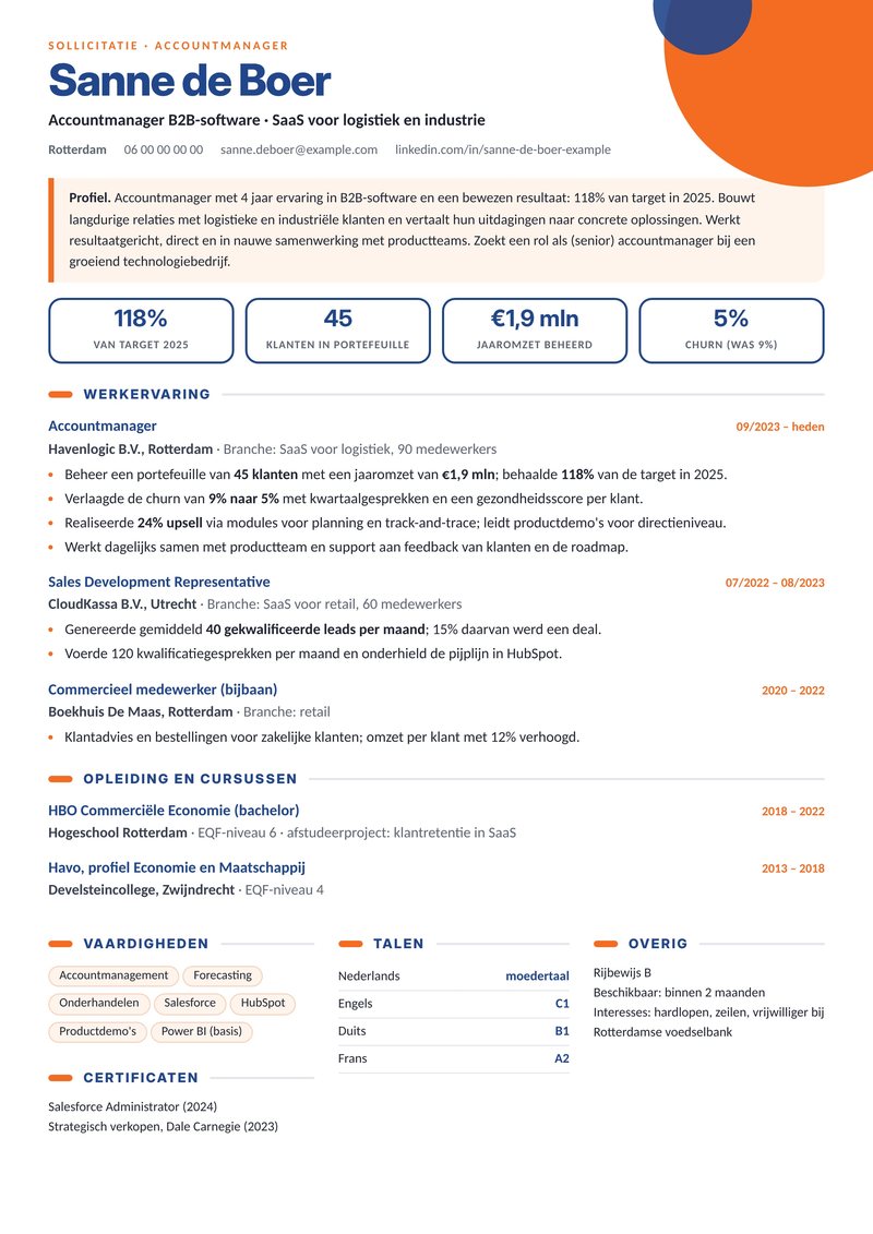 Dutch CV format sample for an account manager in Rotterdam – ATS-friendly CV with profile, result tiles and no photo