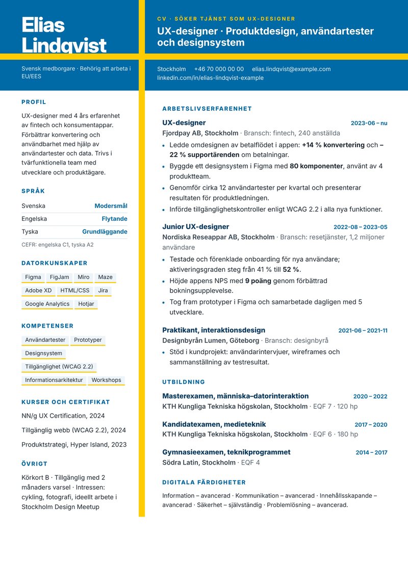 Swedish CV format sample for a UX designer in Stockholm – simple two-page CV with blue and yellow Nordic-cross design