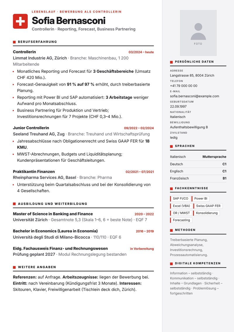 Swiss CV format sample (Lebenslauf) for a controller in Zurich – ATS-friendly layout with photo and personal data sidebar