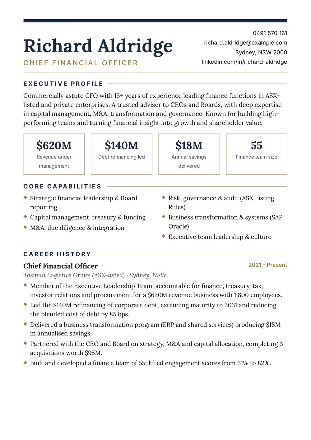 Executive CV Australian Sample – Chief Financial Officer Resume Example (Page 1 of 2) Executive CV Australia: Chief Financial Officer resume example in Australian format, page 1 of 2