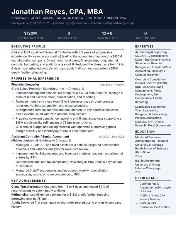 Financial Controller resume example for USA jobs - ATS-friendly one-page American format