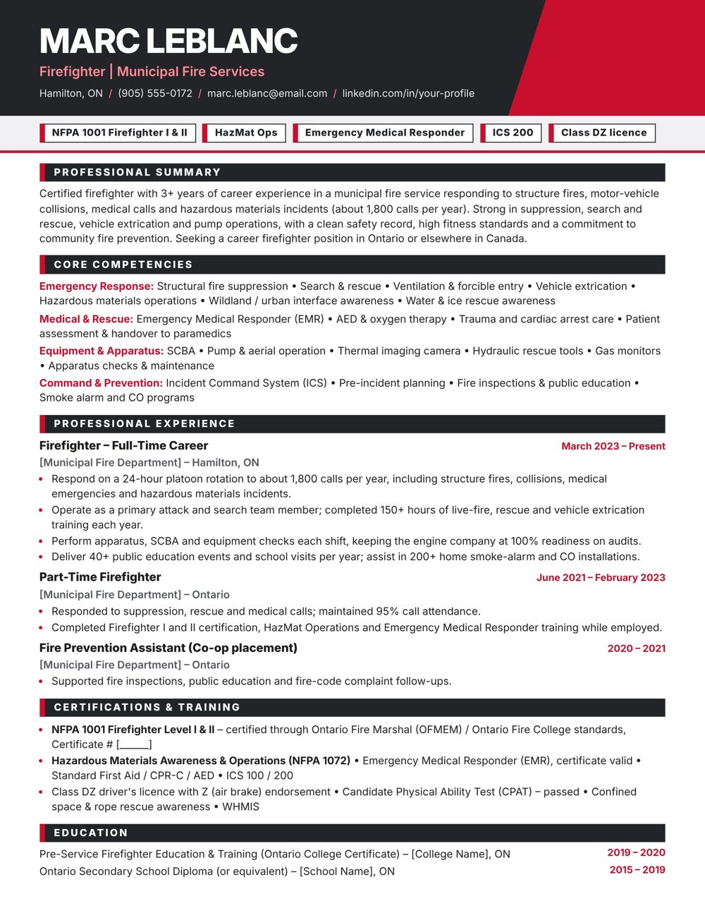Firefighter Resume Sample Canada | Free Canadian Resume Template Firefighter resume sample Canada – ATS-friendly Canadian format resume example with quantified achievements