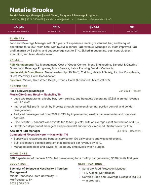 Food & Beverage Manager Resume Sample JPG - USA Format, 1-Page Design (3-4 Years Experience) Food & Beverage Manager resume example for USA jobs - ATS-friendly one-page American format