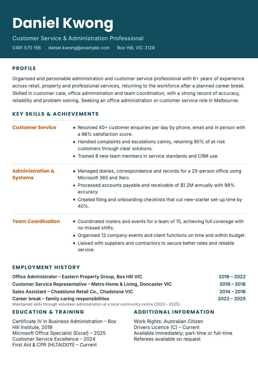 Functional Skills-Based Resume Australian Sample – Customer Service & Administration Resume Example (Page 1 of 1) Functional Skills-Based Resume Australia: Customer Service & Administration resume example in Australian format, page 1 of 1