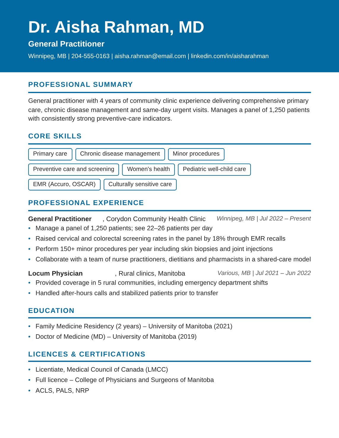 General Practitioner Resume Sample Canada | Free Canadian Resume Template General Practitioner resume sample Canada – ATS-friendly Canadian format resume example with quantified achievements