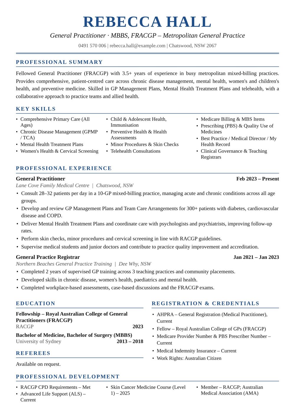 Metropolitan, FRACGP General Practitioner Resume Sample Australia (2026) – ATS-Friendly Australian Format Metropolitan, FRACGP General Practitioner resume sample Australia: one-page Australian-format resume example for 3-4 years of experience (JPG)