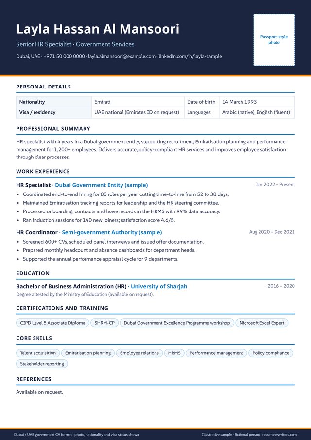 United Arab Emirates government resume format sample (free JPG template) - one-page A4 sample resume with fictional data