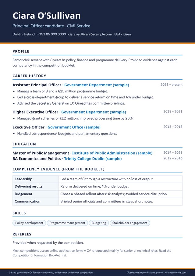 Ireland government resume format sample (free JPG template) - one-page A4 sample resume with fictional data