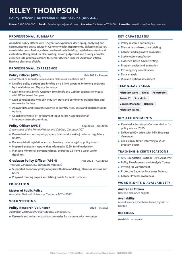 Government policy officer resume sample with navy header