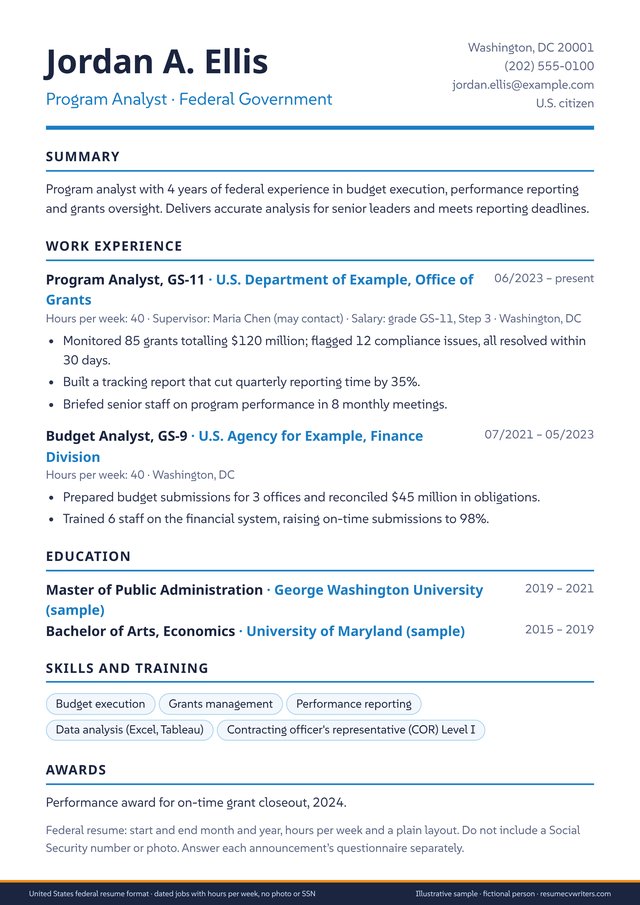 United States government resume format sample (free JPG template) - one-page A4 sample resume with fictional data
