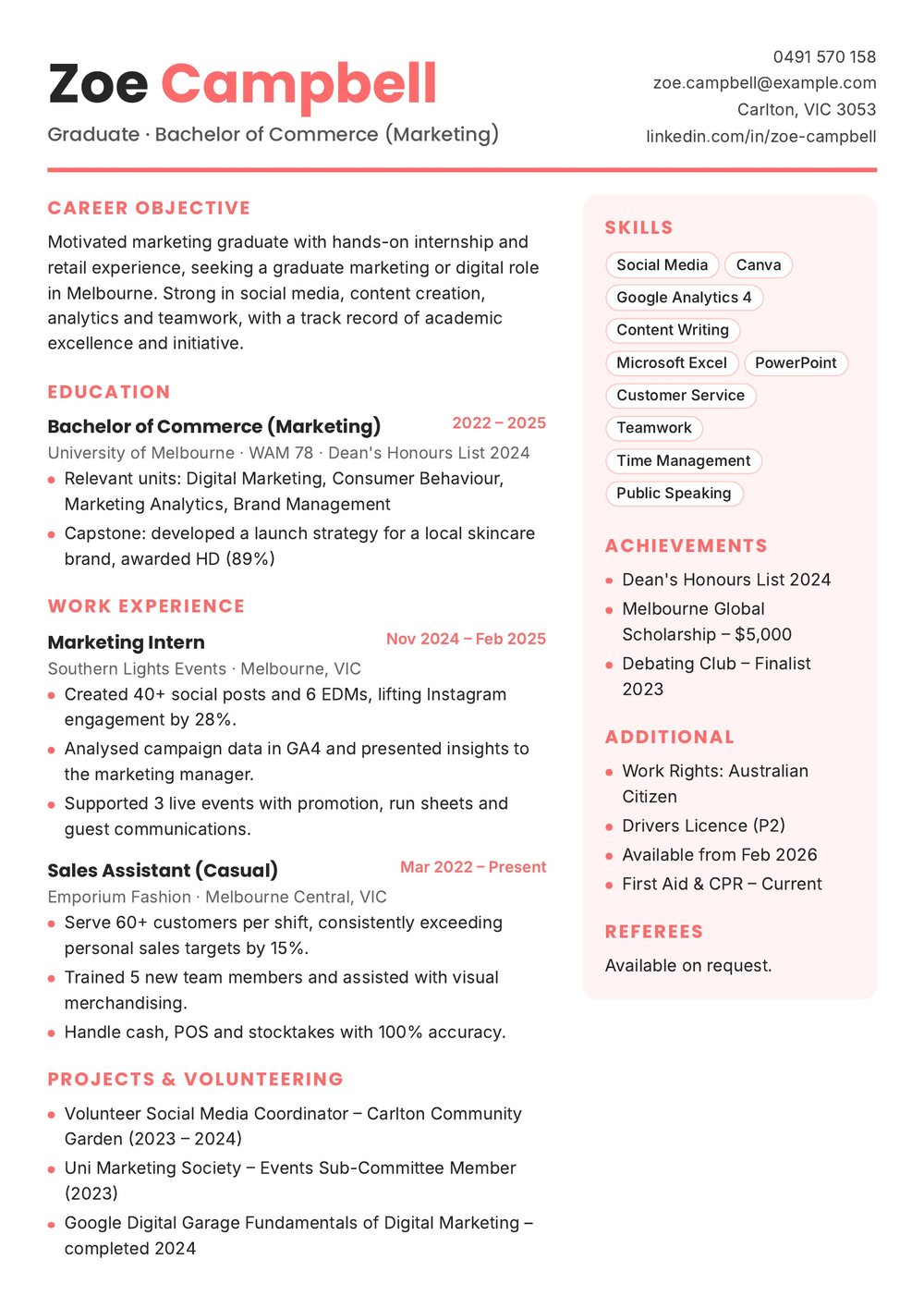 Graduate Resume Australian Sample – Bachelor of Commerce graduate Resume Example (Page 1 of 1) Graduate Resume Australia: Bachelor of Commerce graduate resume example in Australian format, page 1 of 1