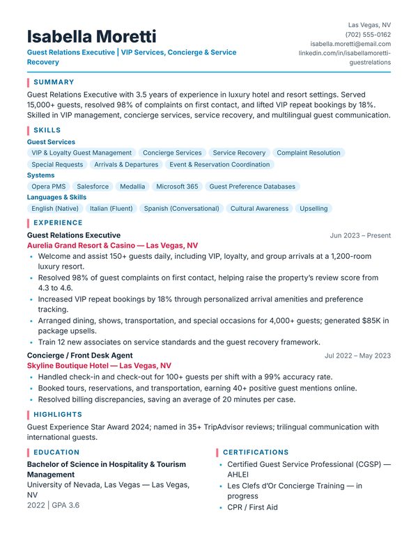 Guest Relations Executive resume example for USA jobs - ATS-friendly one-page American format