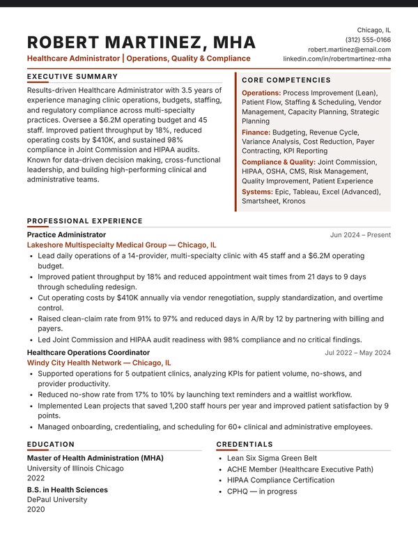Healthcare Administrator Resume Sample JPG - USA Format, 1-Page Design (3-4 Years Experience) Healthcare Administrator resume example for USA jobs - ATS-friendly one-page American format