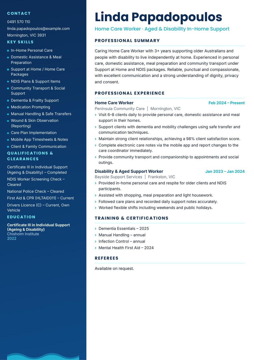 Aged & Disability Home Care Worker Resume Sample Australia (2026) – ATS-Friendly Australian Format Aged & Disability Home Care Worker resume sample Australia: one-page Australian-format resume example for 3-4 years of experience (JPG)