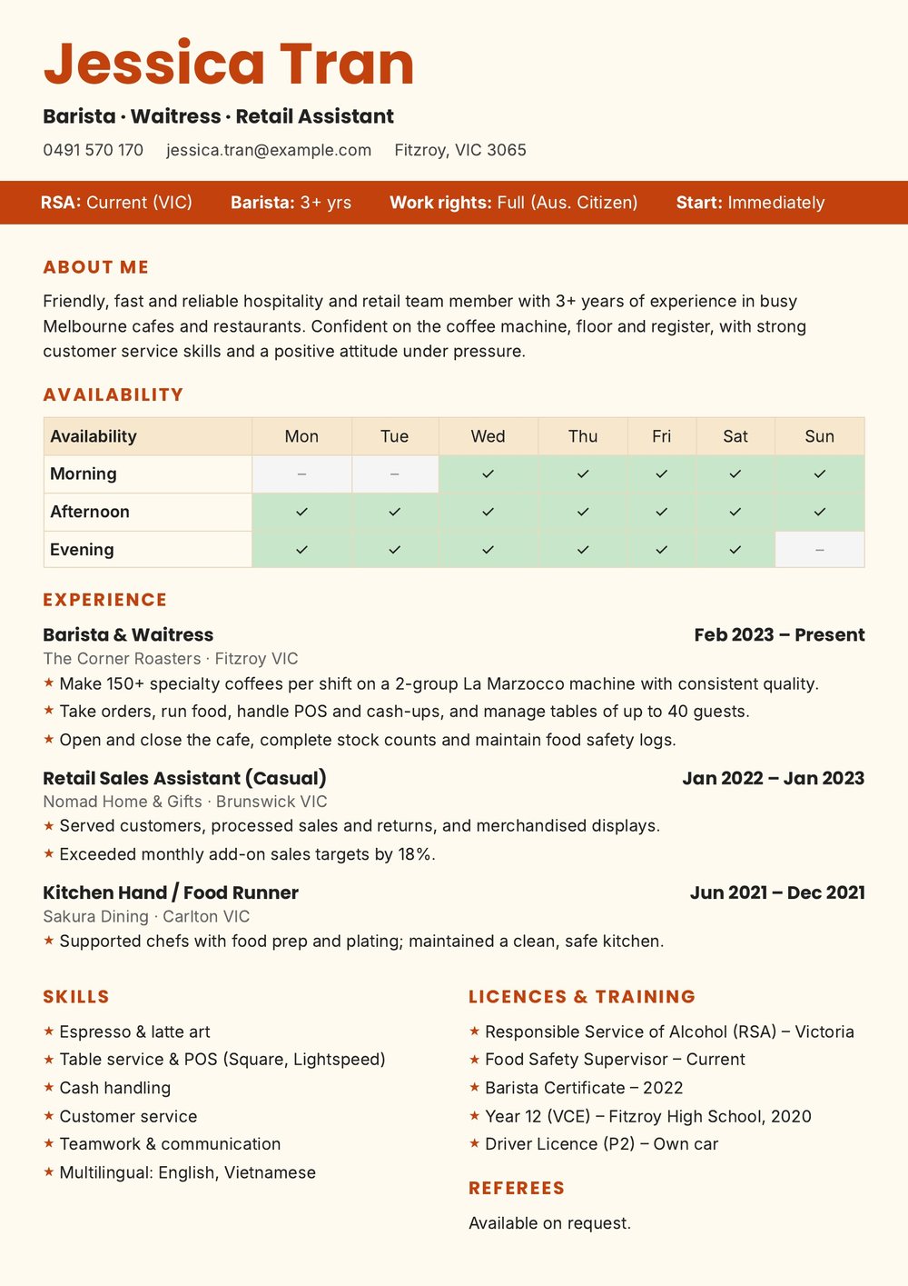 Hospitality & Retail Casual Resume Australian Sample – Barista & Retail Assistant Resume Example (Page 1 of 1) Hospitality & Retail Casual Resume Australia: Barista & Retail Assistant resume example in Australian format, page 1 of 1