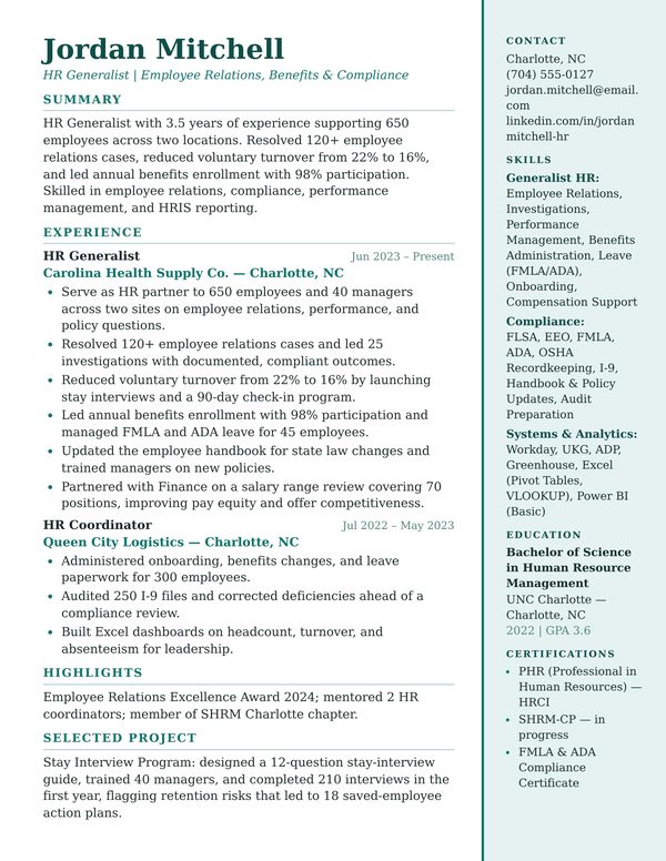 HR Generalist resume example for USA jobs - ATS-friendly one-page American format