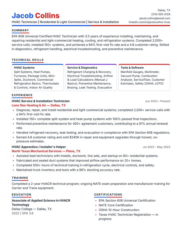 HVAC Technician resume example for USA jobs - ATS-friendly one-page American format