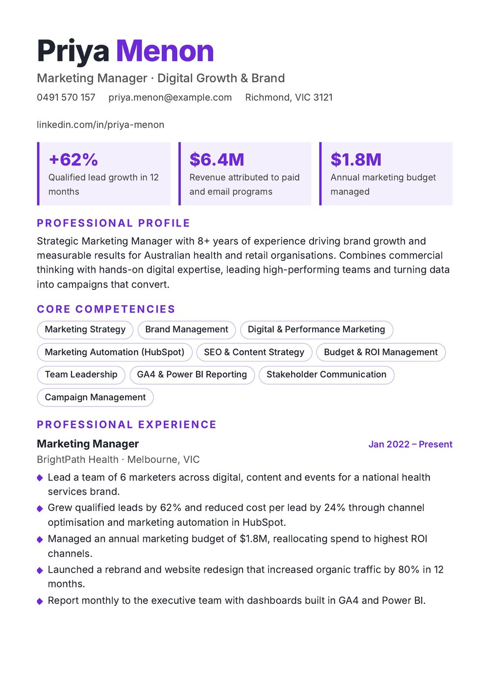 Hybrid Combination Resume Australian Sample – Marketing Manager Resume Example (Page 1 of 2) Hybrid Combination Resume Australia: Marketing Manager resume example in Australian format, page 1 of 2