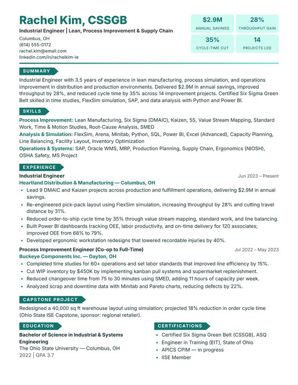 Industrial Engineer resume example for USA jobs - ATS-friendly one-page American format