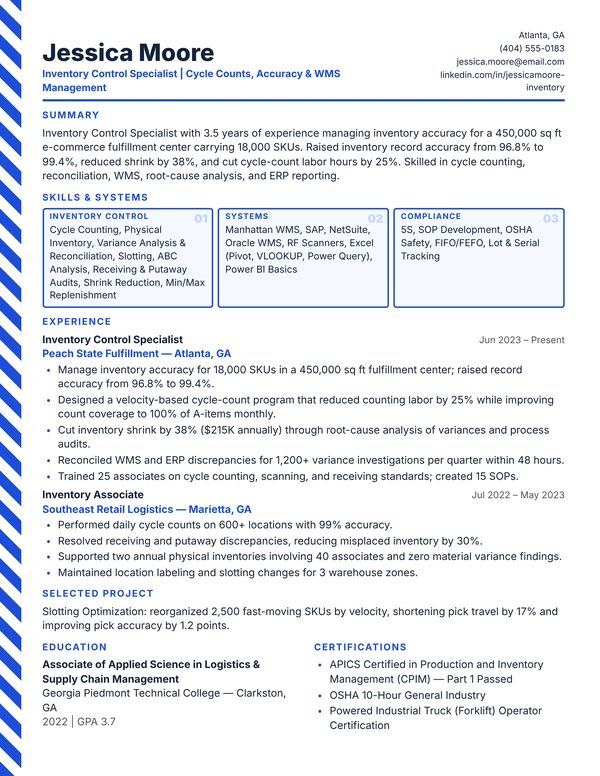 Inventory Control Specialist resume example for USA jobs - ATS-friendly one-page American format