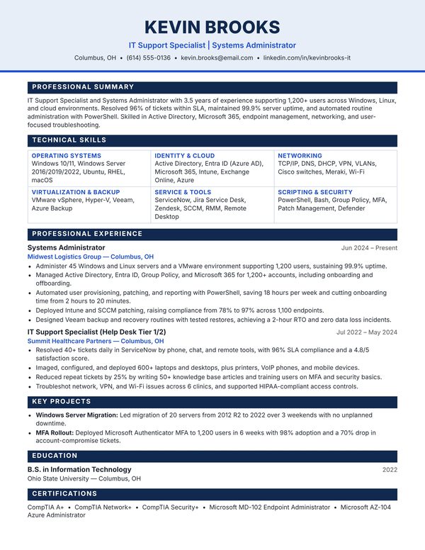 IT Support Specialist / Systems Administrator resume example for USA jobs - ATS-friendly one-page American format