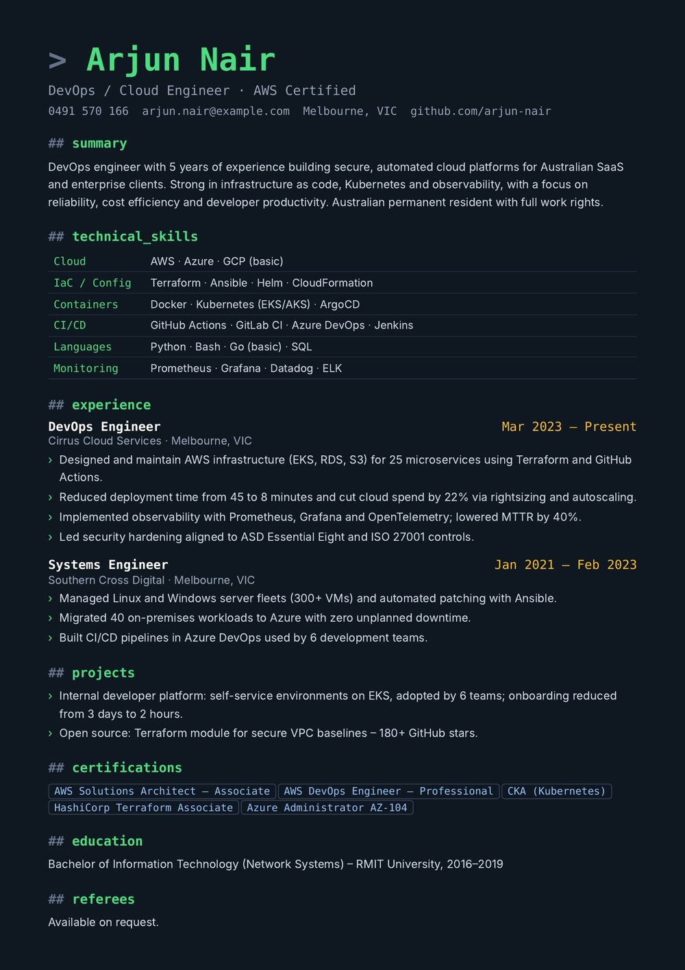IT Technical Resume Australian Sample – DevOps Engineer Resume Example (Page 1 of 1) IT Technical Resume Australia: DevOps Engineer resume example in Australian format, page 1 of 1