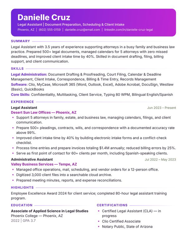 Legal Assistant resume example for USA jobs - ATS-friendly one-page American format