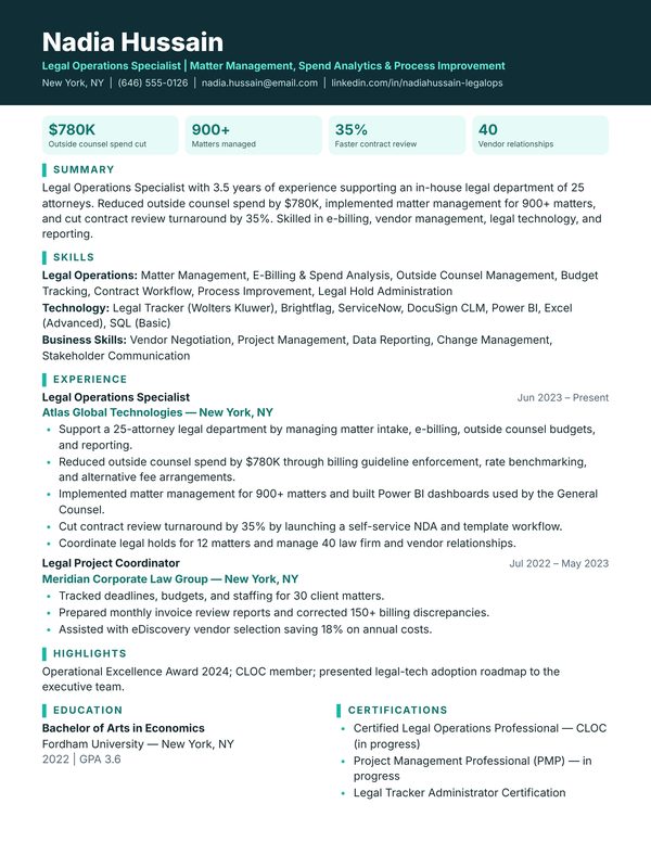 Legal Operations Specialist Resume Sample JPG - USA Format, 1-Page Design (3-4 Years Experience) Legal Operations Specialist resume example for USA jobs - ATS-friendly one-page American format