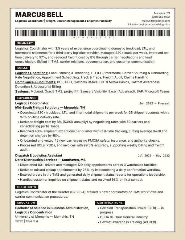 Logistics Coordinator resume example for USA jobs - ATS-friendly one-page American format