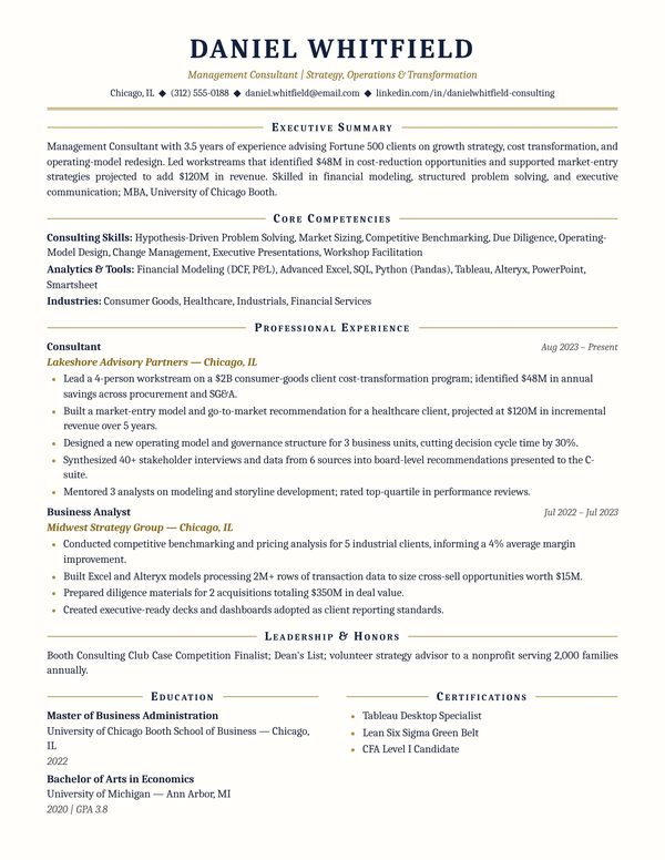 Management Consultant resume example for USA jobs - ATS-friendly one-page American format