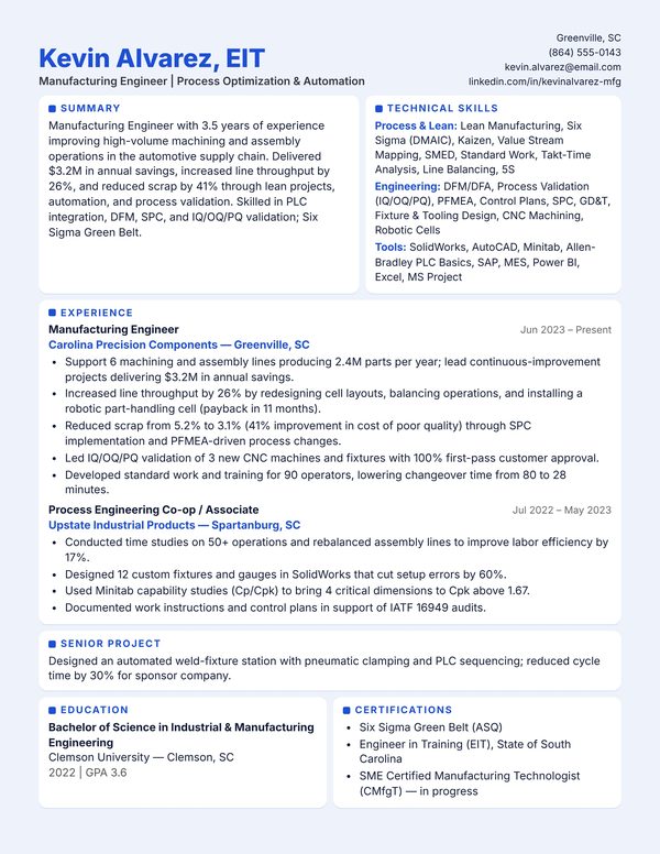 Manufacturing Engineer resume example for USA jobs - ATS-friendly one-page American format