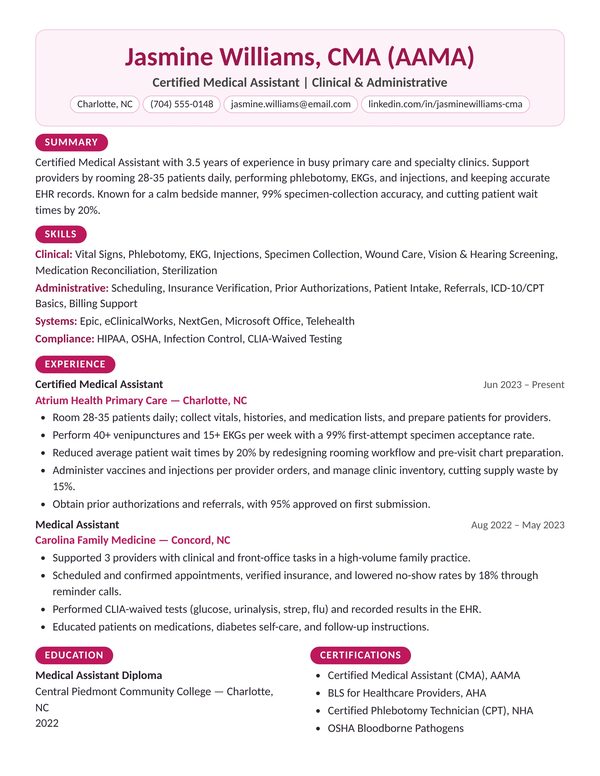 Medical Assistant resume example for USA jobs - ATS-friendly one-page American format