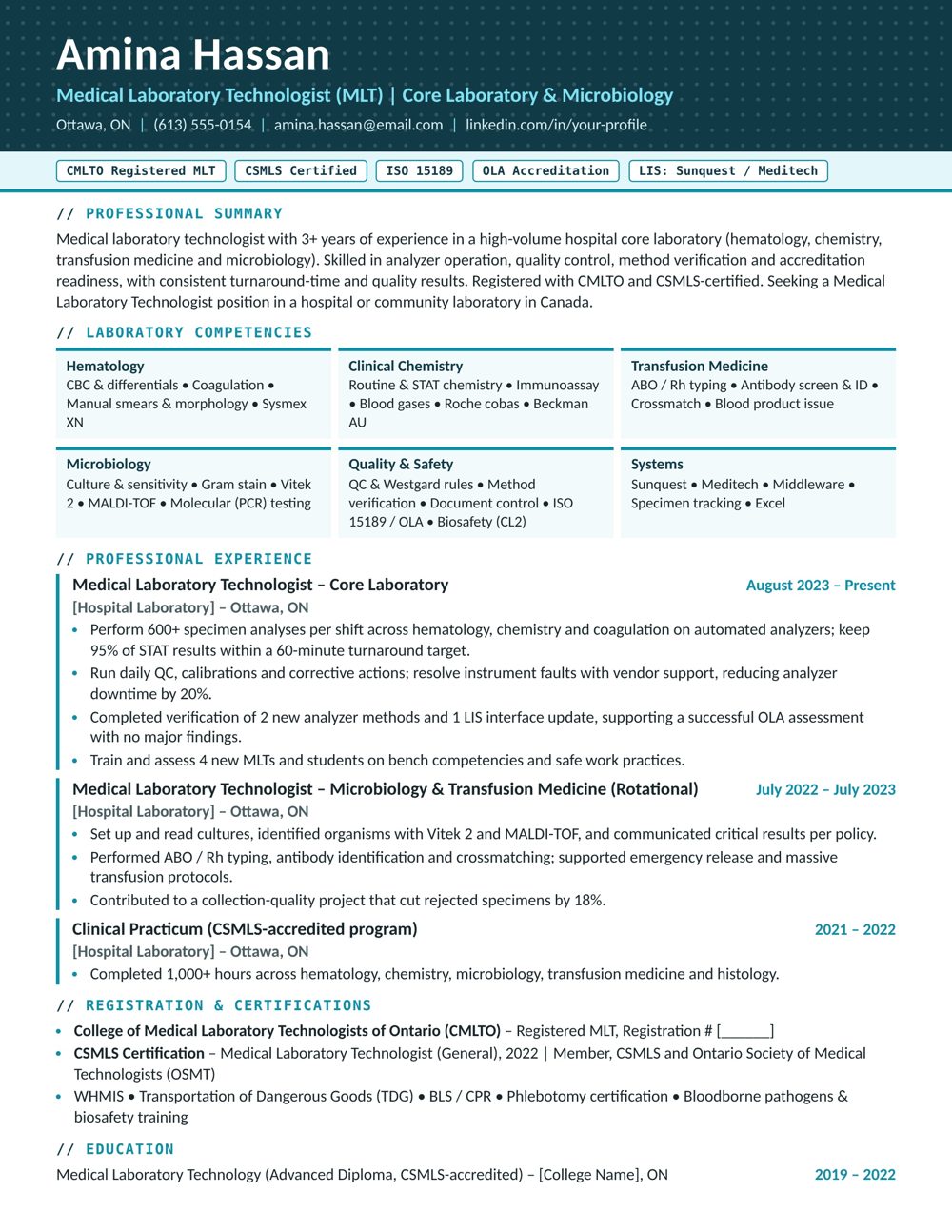 Medical Laboratory Technologist Resume Sample Canada | Free Canadian Resume Template Medical Laboratory Technologist resume sample Canada – ATS-friendly Canadian format resume example with quantified achievements