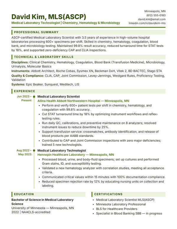 Medical Laboratory Technologist resume example for USA jobs - ATS-friendly one-page American format