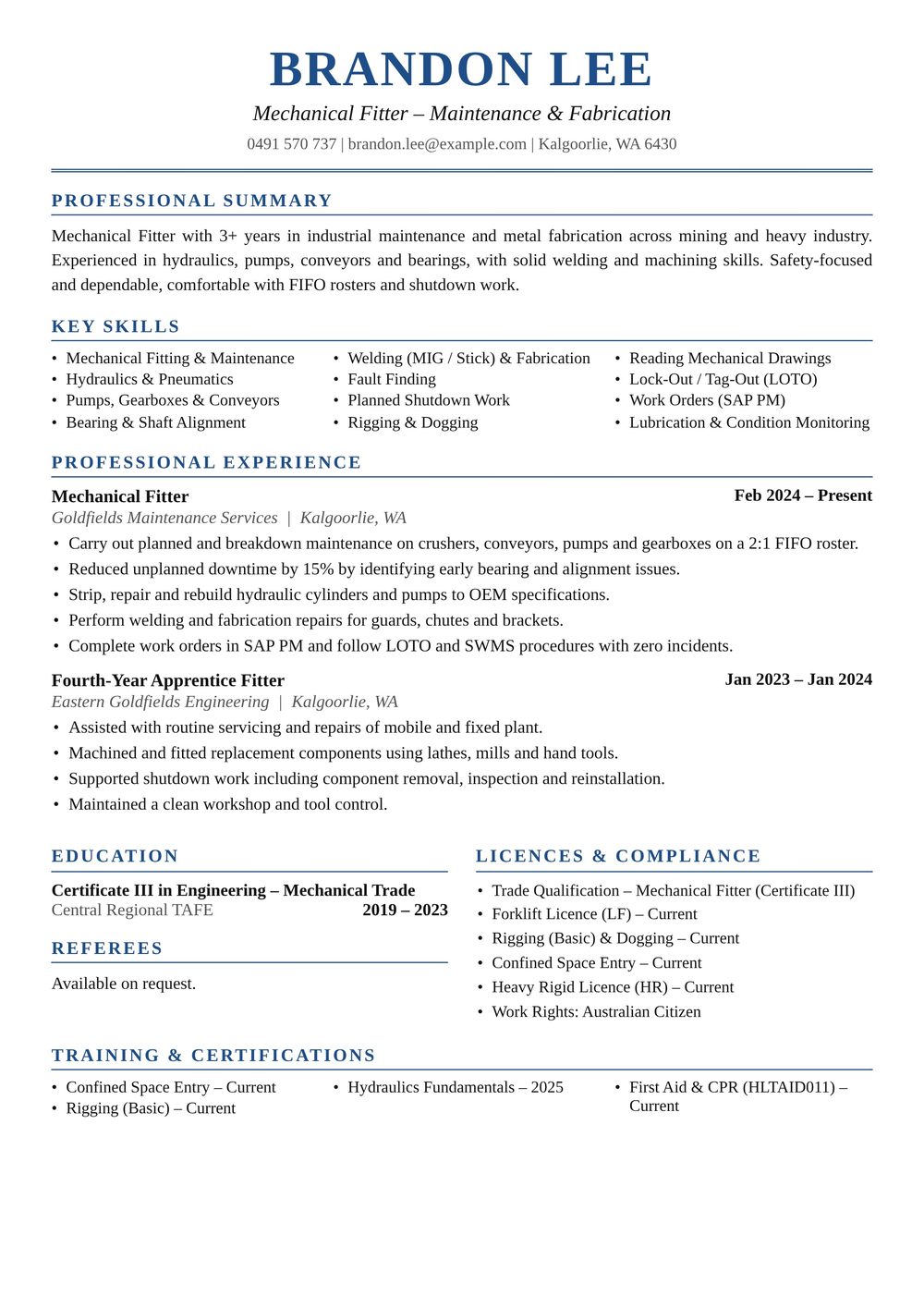Maintenance Metal Fitter Resume Sample Australia (2026) – ATS-Friendly Australian Format Maintenance Metal Fitter resume sample Australia: one-page Australian-format resume example for 3-4 years of experience (JPG)
