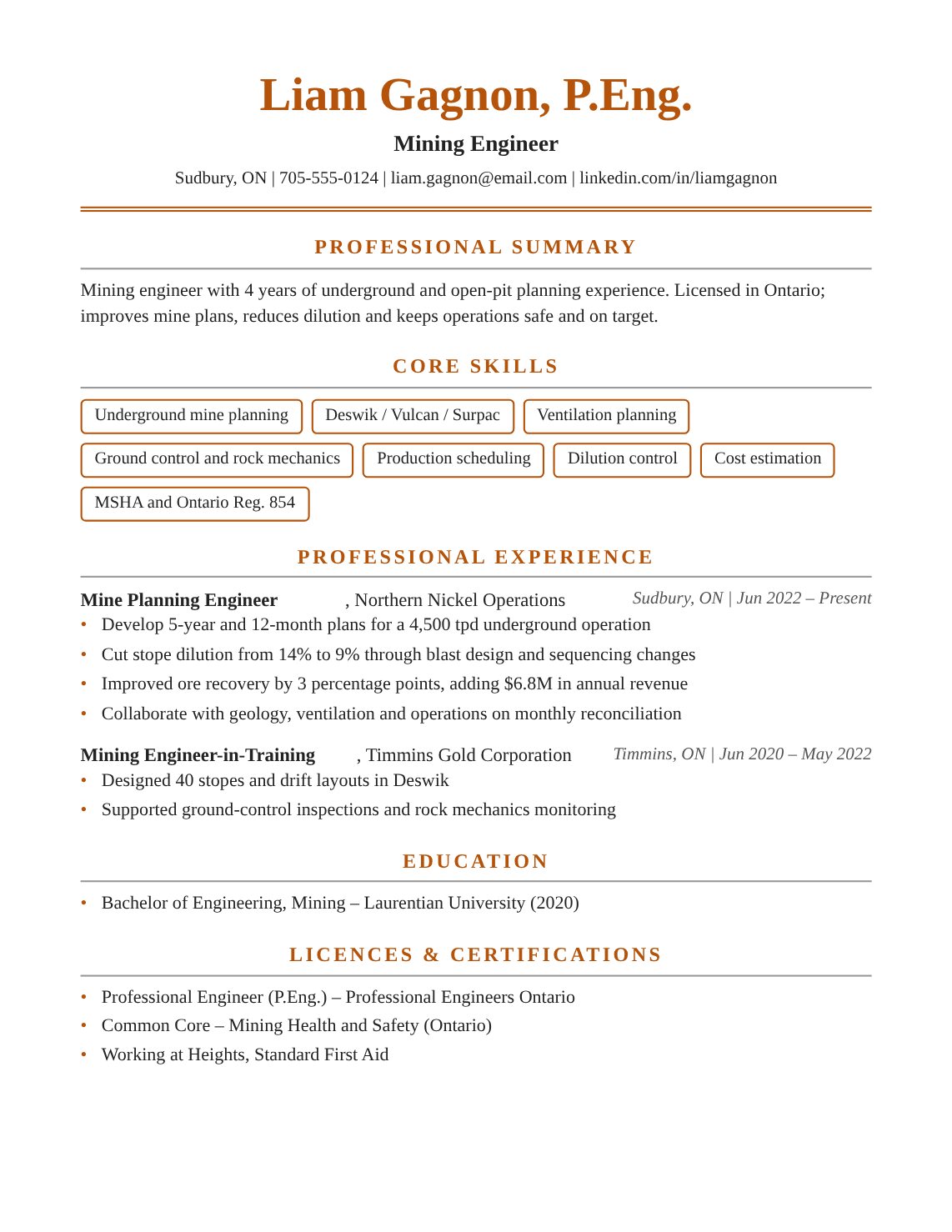 Mining Engineer Resume Sample Canada | Free Canadian Resume Template Mining Engineer resume sample Canada – ATS-friendly Canadian format resume example with quantified achievements