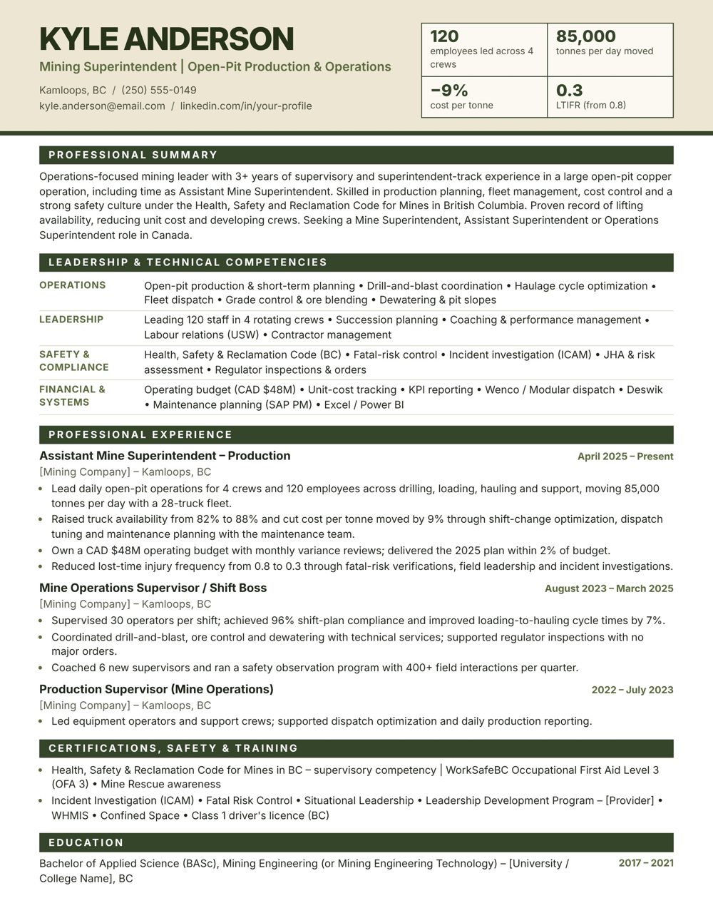 Mining Superintendent Resume Sample Canada | Free Canadian Resume Template Mining Superintendent resume sample Canada – ATS-friendly Canadian format resume example with quantified achievements